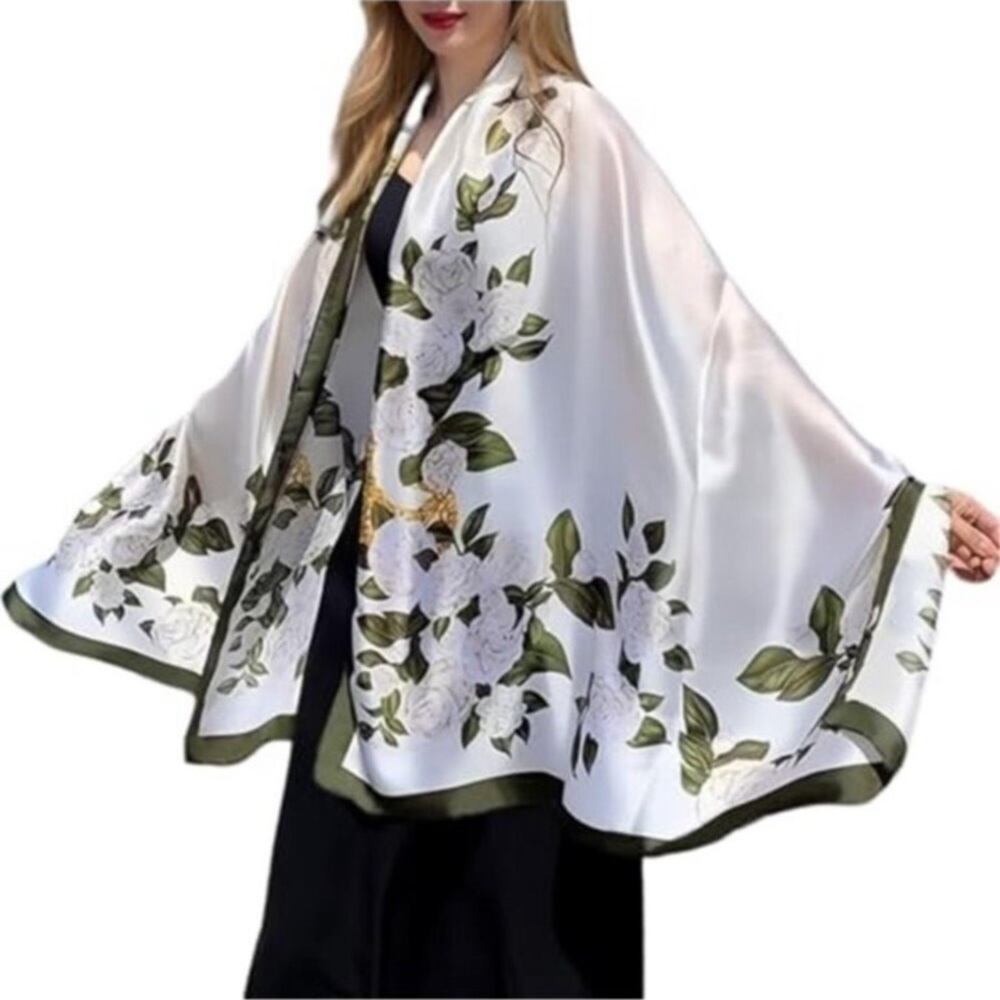 White Green Floral Satin Scarf Shawl